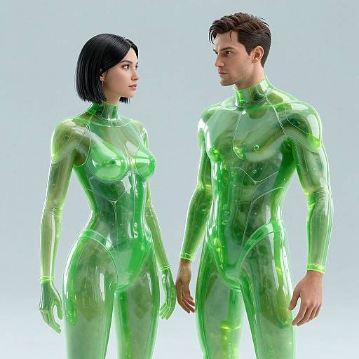 Digital CGI of a muscular man and woman in shiny, green, form-fitting, skin-tight suits, standing side by side, looking at each