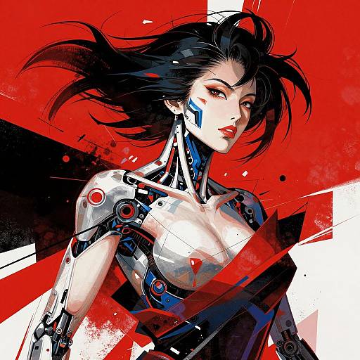 Digital art of a cybernetic woman with black hair, red and white background, mechanical arms, and face paint, exuding strength and futuristic style
