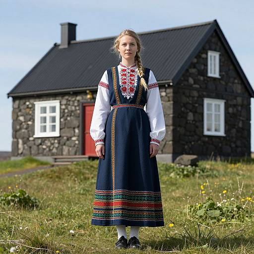 Photograph of a young blonde girl in traditional Nordic dress with intricate embroidery, standing in front of a black stone house on a grassy field.