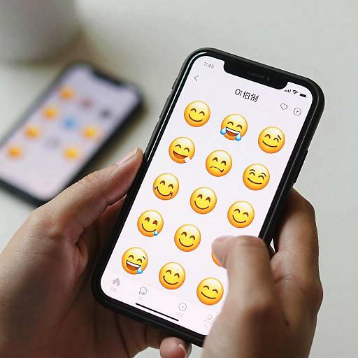 Photograph of a hand holding a black smartphone displaying a grid of yellow smiley faces, with a blurred second phone in the background.