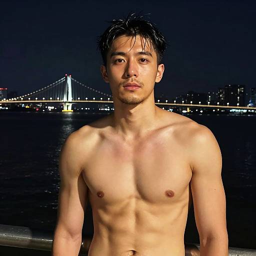 Shirtless Man with Wet Hair at Night Waterfront