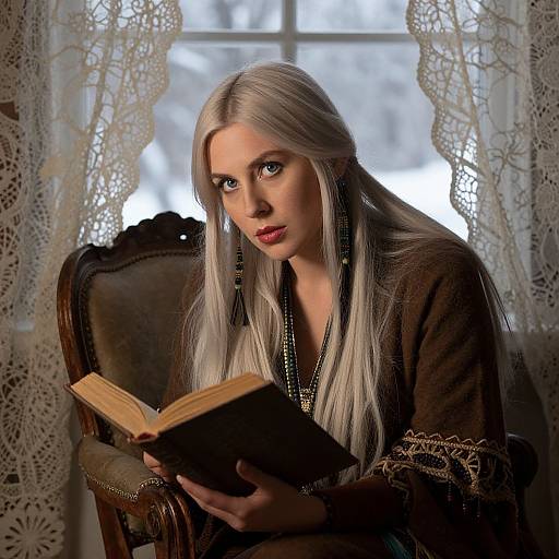 Photograph of a pale-skinned, silver-haired woman with intense blue eyes, wearing a dark, embroidered robe, reading a book by a lace-c