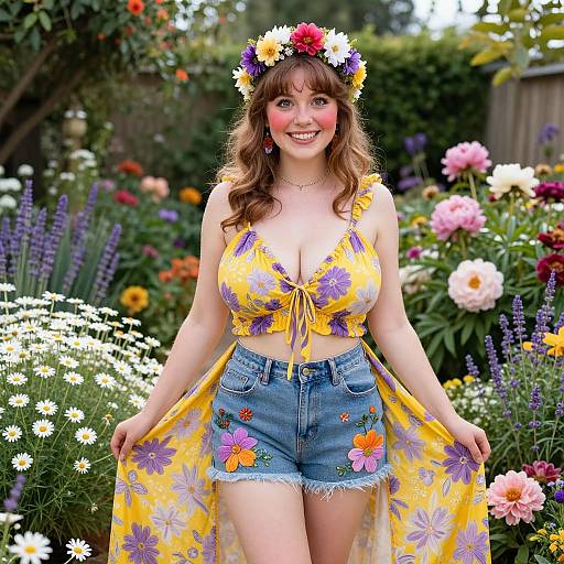 Photograph of a smiling, curvy woman with large breasts, wearing a yellow floral top and denim shorts, flower crown, standing in a vibrant garden