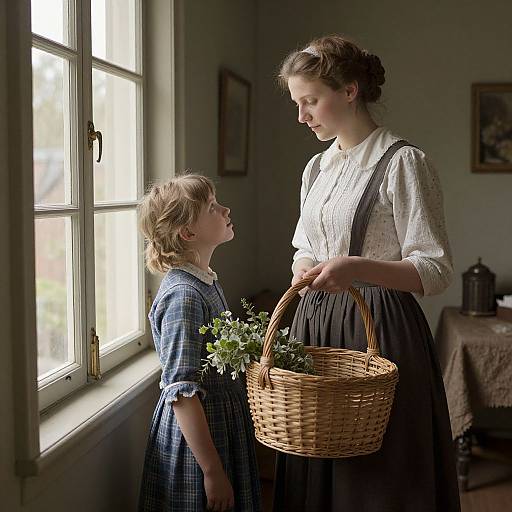Photograph of a Victorian-style woman with brown hair in a white blouse and black skirt, holding a wicker basket, standing by a sunlit window