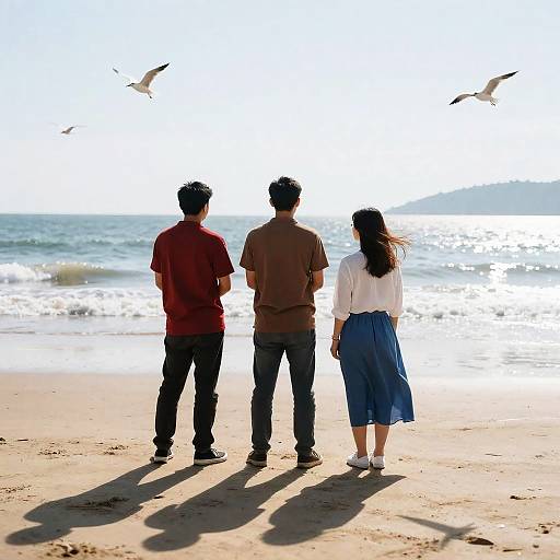 Sunlit Beach Gathering with Birds
