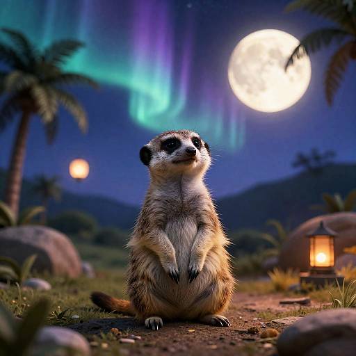 Starlit Galactic Meerkat Oasis with Auroras