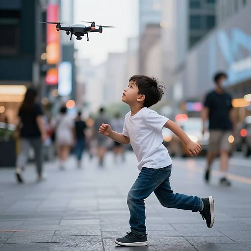 Photograph of a young Asian boy in a white t-shirt and blue jeans, running in a bustling city street, chasing a black drone above. Bl