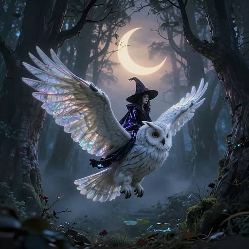 Digital fantasy artwork: A glowing white owl with iridescent wings carries a witch in a purple cloak and pointed hat, under a crescent moon in