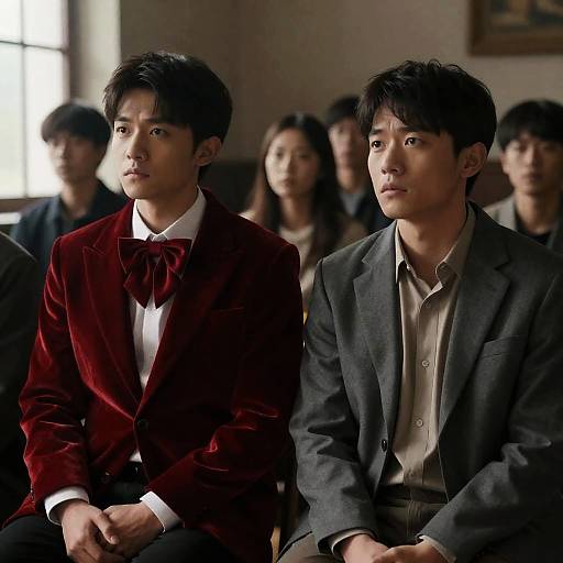 Two Men Seated in Dimly Lit Room