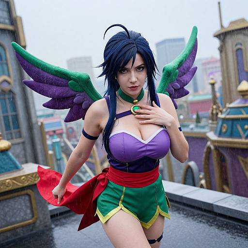 Digital art of a sexy woman with black hair, purple wings, green and red costume, large breasts, and a confident expression, walking in a rainy