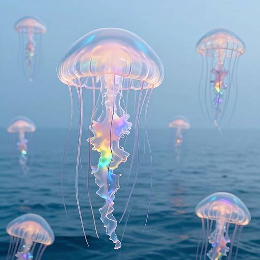 Iridescent Jellyfish Over Floating Islands