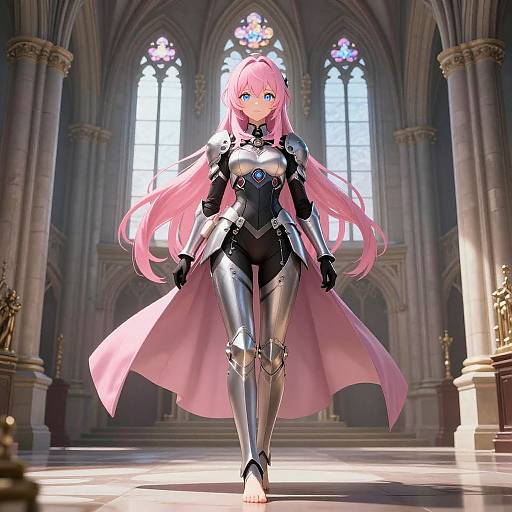 Digital anime-style drawing of a pink-haired female warrior in silver and black armor, standing confidently in a grand, sunlit cathedral.