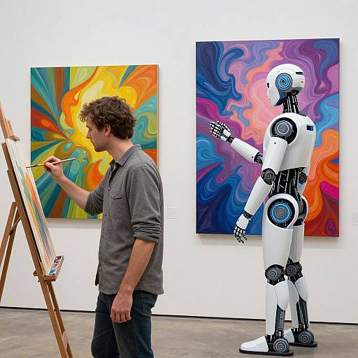 Photograph of a human artist painting beside a humanoid robot, both standing before vibrant, abstract paintings with swirls of color.