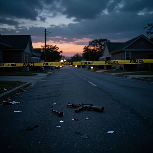Photograph: Dark, twilight suburban street with yellow 