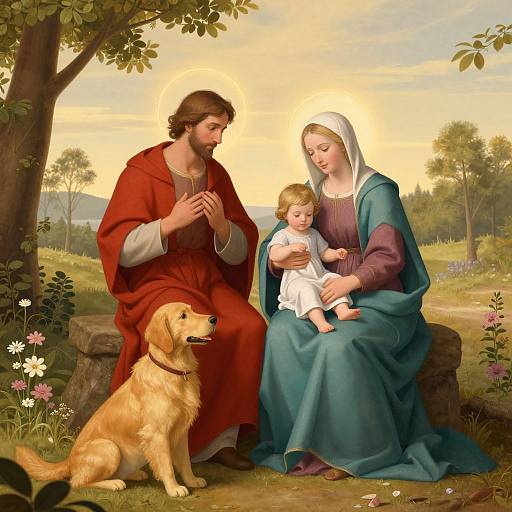 Digital painting of Jesus, Mary, baby Jesus, and a golden retriever sitting on a stone bench in a serene, flower-filled garden.