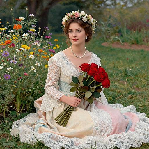 Photograph of a fair-skinned woman in a white lace wedding dress, floral crown, pearl necklace, holding red roses, seated in a colorful garden