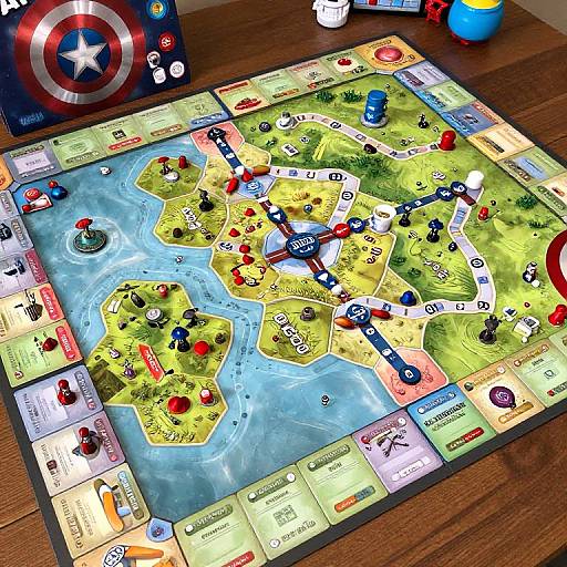 Photograph of a colorful board game set on a wooden table, featuring a detailed map, various game pieces, and a Marvel-themed box in the background