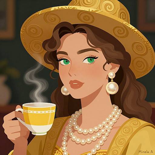 Elegant Woman with Golden Hat and Cup