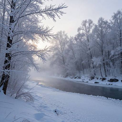 Photograph of a serene, snow-covered forest stream at sunrise, with frosty trees, a glowing sun peeking through, and a gently flowing river
