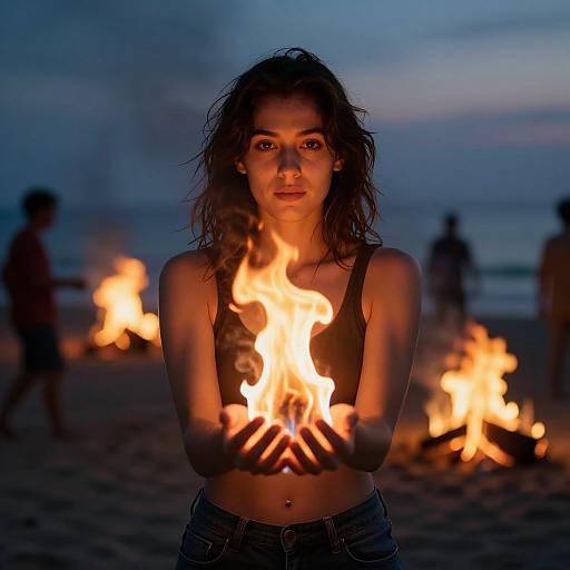 Photograph of a young woman with wavy hair, wearing a black tank top, holding a flame in front of her at dusk on a beach,