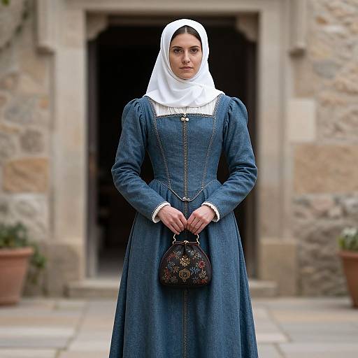 Photograph of a serious young woman in a blue, long-sleeved Renaissance-style dress, white headscarf, holding a decorative handbag,