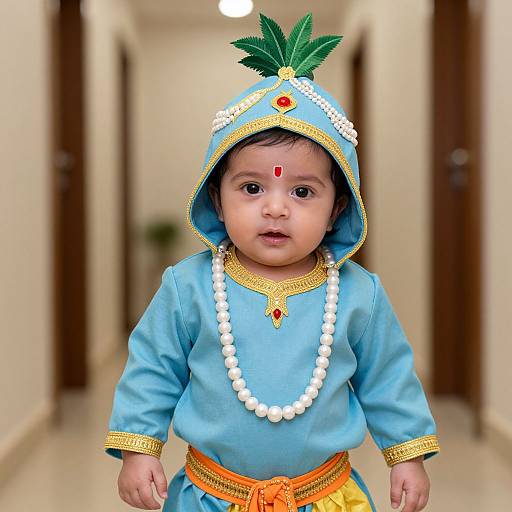 Photograph of an Asian baby in a blue, hooded outfit with white pearls, red gem, and orange belt, standing in a hallway.
