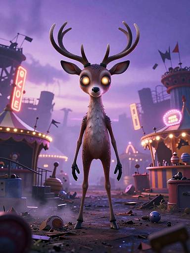 CGI image of a surreal, glowing-eyed, antlered deer standing in a neon-lit, dystopian carnival at night, surrounded by debris