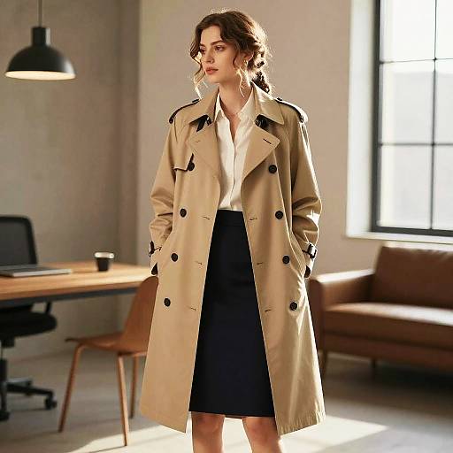 Photograph of a stylish woman with wavy brown hair, wearing a beige trench coat, white blouse, and black skirt, standing in a sunlit