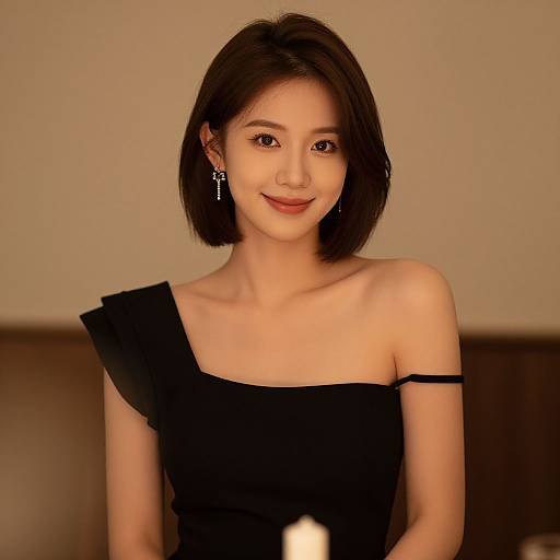 Photograph of a smiling Asian woman with short black hair, wearing an off-shoulder black dress, and elegant drop earrings, against a beige background