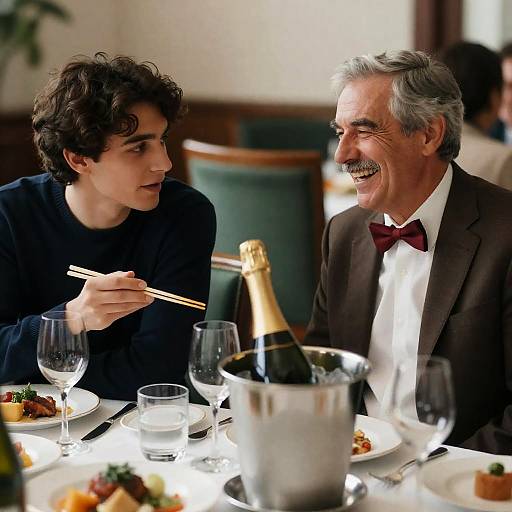 Two Men Dining with Champagne