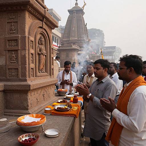 Indian Men Praying at Varanasi Temple