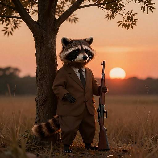 Sepia Sunset Raccoon in Brown Suit