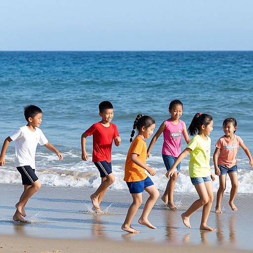 Photograph of five Asian children, three boys and two girls, running barefoot on a sunny beach with blue ocean waves in the background. They wear