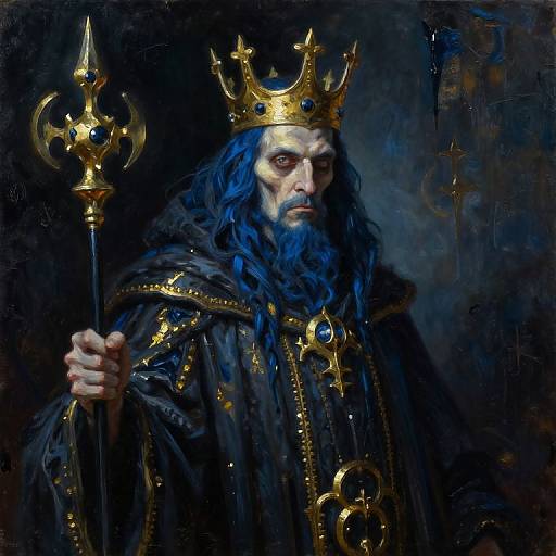 Digital painting of a solemn, blue-haired king with a gold crown, holding a staff, wearing a black, gold-embellished robe, against