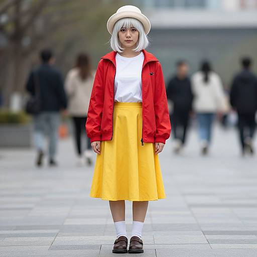 Photograph of a young Asian woman with white bob haircut, white hat, red jacket, white shirt, yellow skirt, white socks, brown loafers