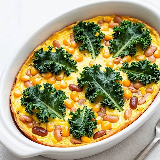 Photograph of a white oval baking dish filled with yellow cheese, black beans, and kale, topped with four kale leaf garnishes.