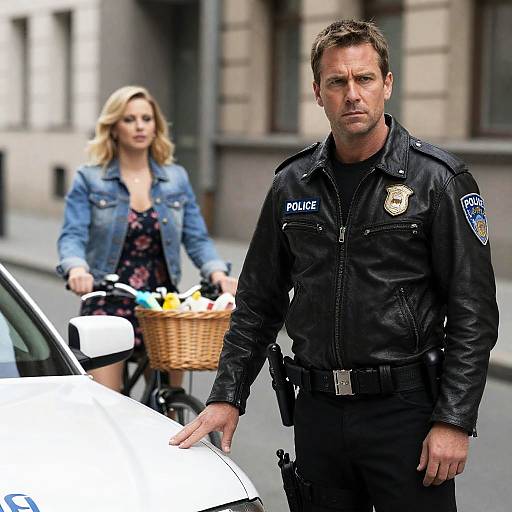 Urban Police Scene with Biking Woman