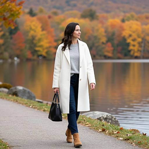 Photograph of a woman with long dark hair, wearing a white coat, gray sweater, black pants, and tan boots, walking by a lake with