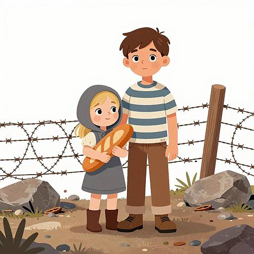 Children Amidst Rubble and Barbed Wire