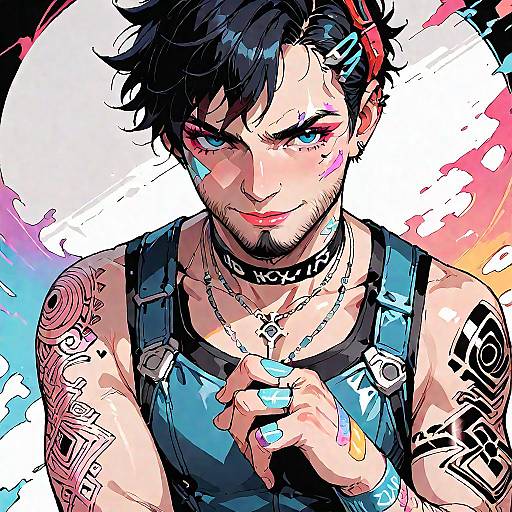 Colorful Cyborg Anime Boy with Jewelry