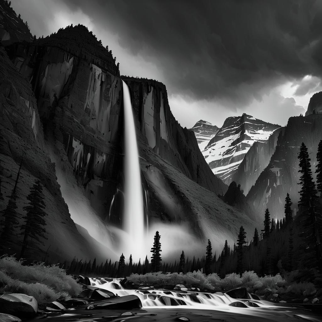 Dramatic Black-and-White Waterfall Gorge Scene