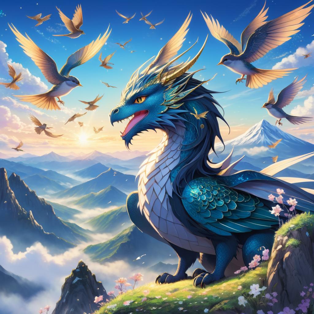 Whimsical Dragon Among Shimmering Sparrows