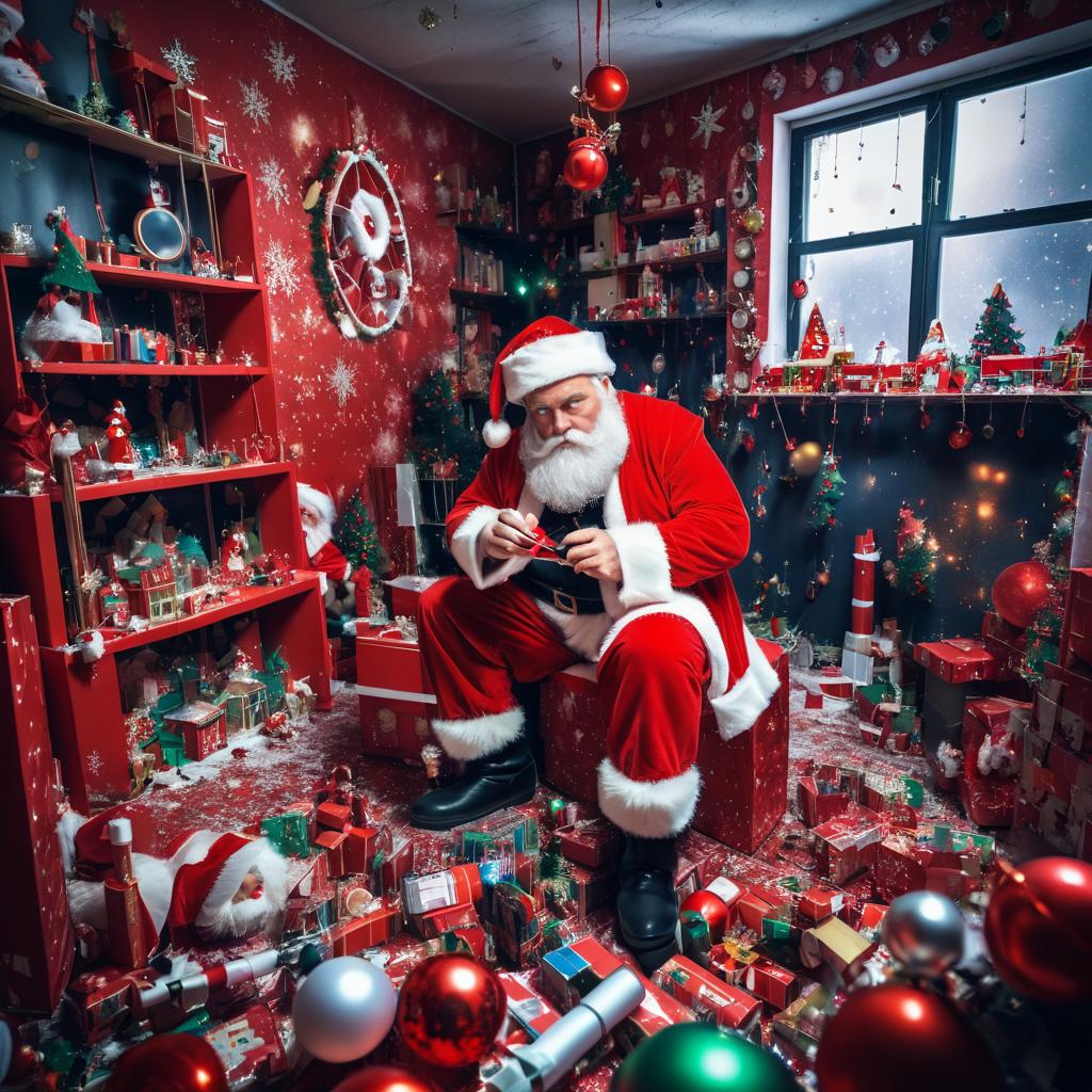 Melancholic Santa Claus in Chaotic Room