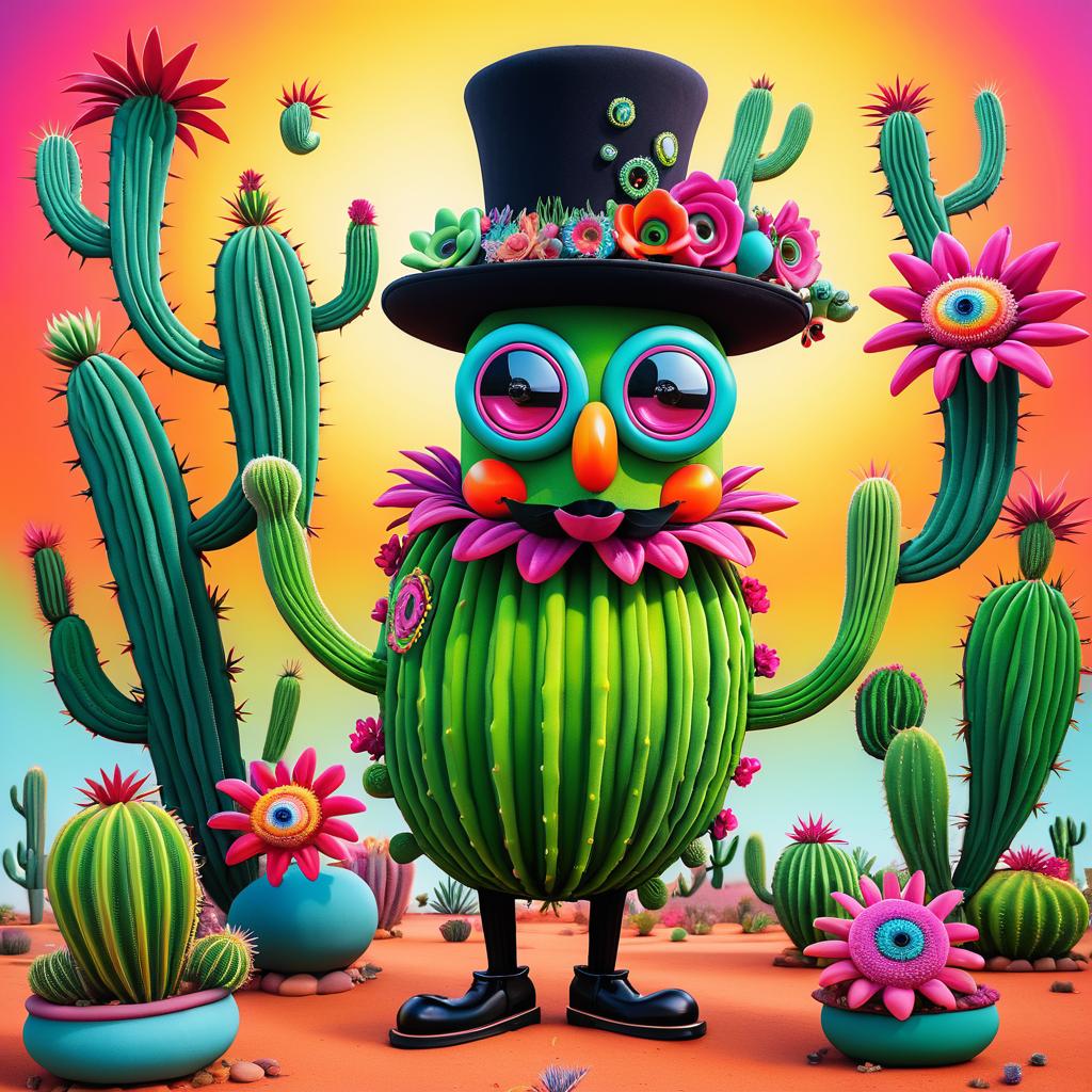 Surreal Cactus with Googly Eyes Art