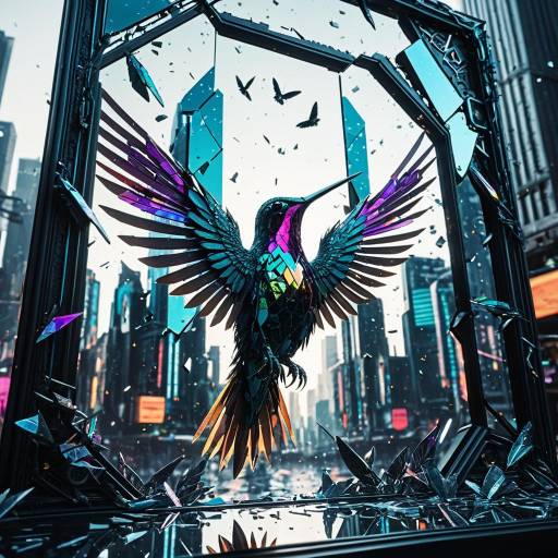 Cyberpunk Mechanical Hummingbird in Shattered Mirror