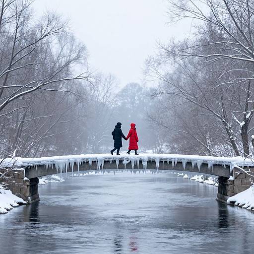 Photograph of a snowy winter scene with a couple in black and red coats, holding hands, walking across an icy, snow-covered bridge with icicles