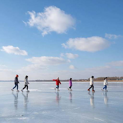 Photograph of six children skating on a frozen lake under a bright blue sky with scattered clouds, wearing colorful winter clothes.