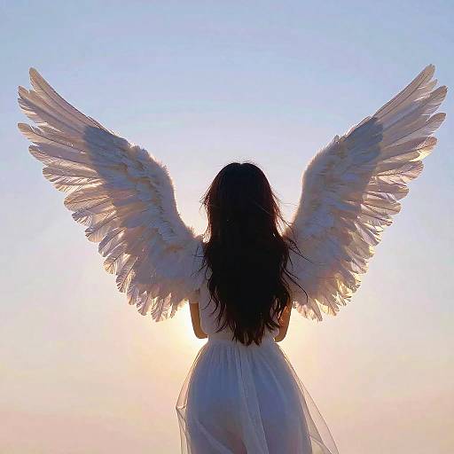 Silhouetted angel with long dark hair and white feathered wings, backlit by a soft, gradient sky at sunset.