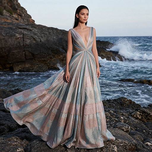 Photograph of a woman in a flowing, pastel-patterned, deep V-neck gown standing on rocky coastline with ocean waves and cliffs.