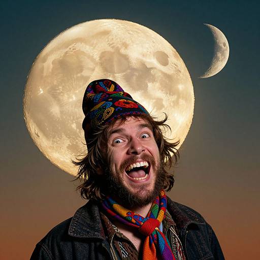 Photograph of a bearded man with wide-eyed, ecstatic expression, colorful hat and scarf, against a large full moon and crescent in a twilight